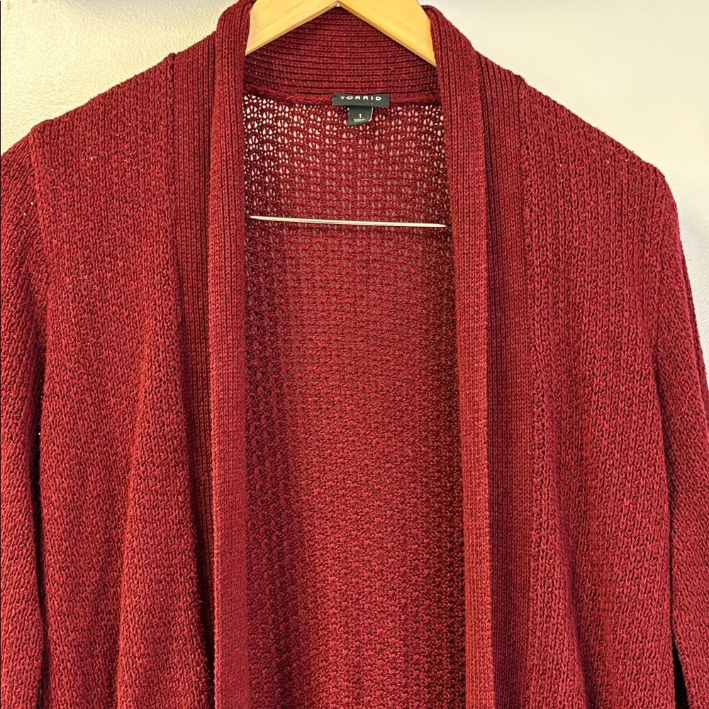 Torrid Deep Burgundy Open-Front Long Cardigan Sz 1X - Picture 3 of 5